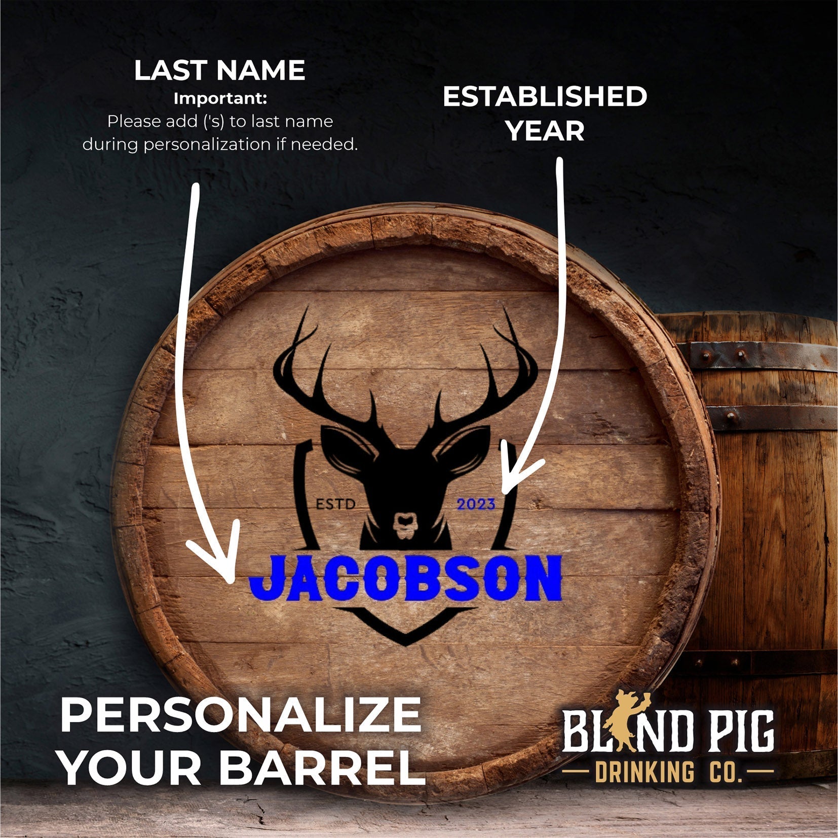 Oak Aging Barrel Kit | Personalized Small Oak Barrel with Deer Head Shield - Blind Pig Drinking Co.