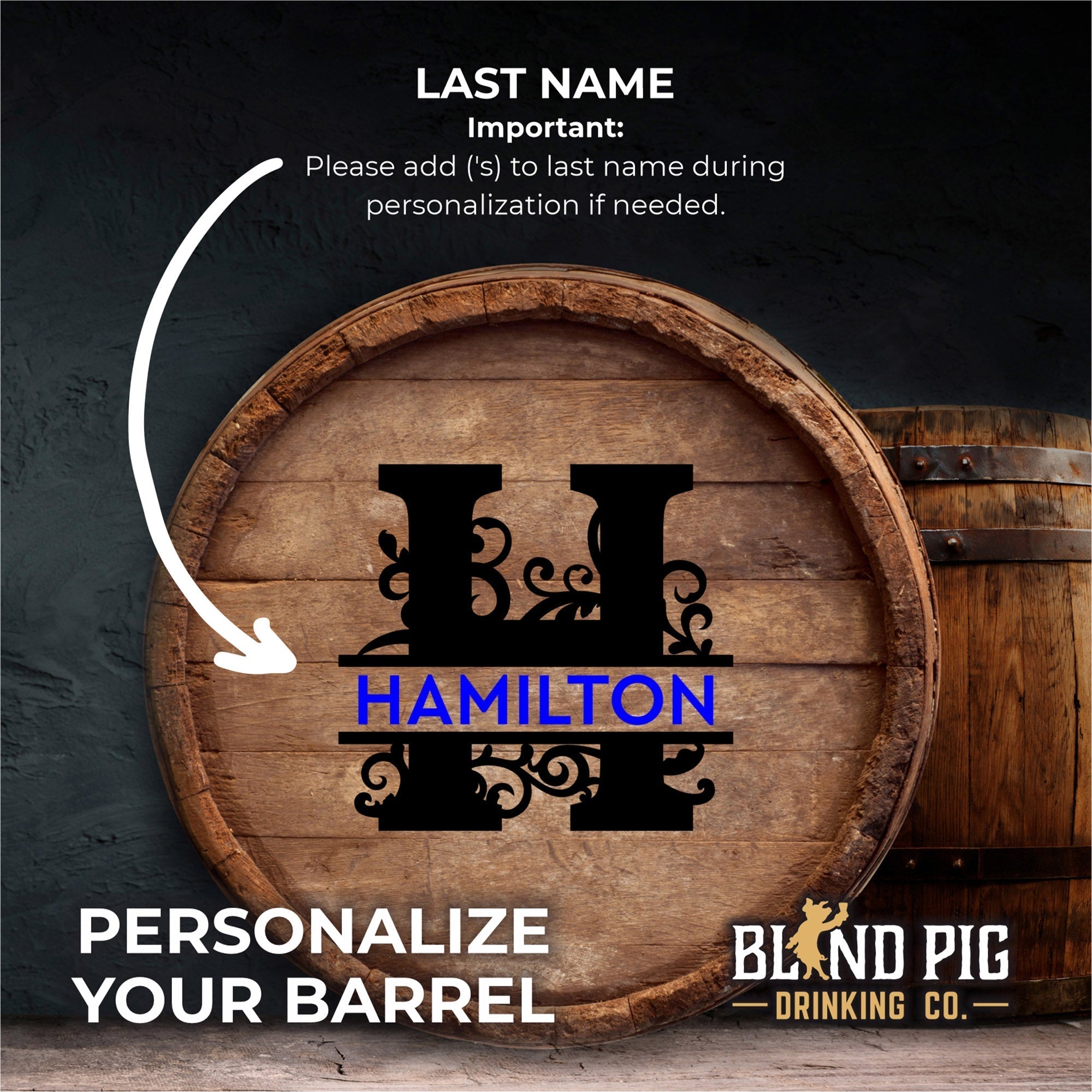 Oak Aging Barrel Kit | Personalized Small Whiskey Oak Barrel with Split Monogram - Blind Pig Drinking Co.