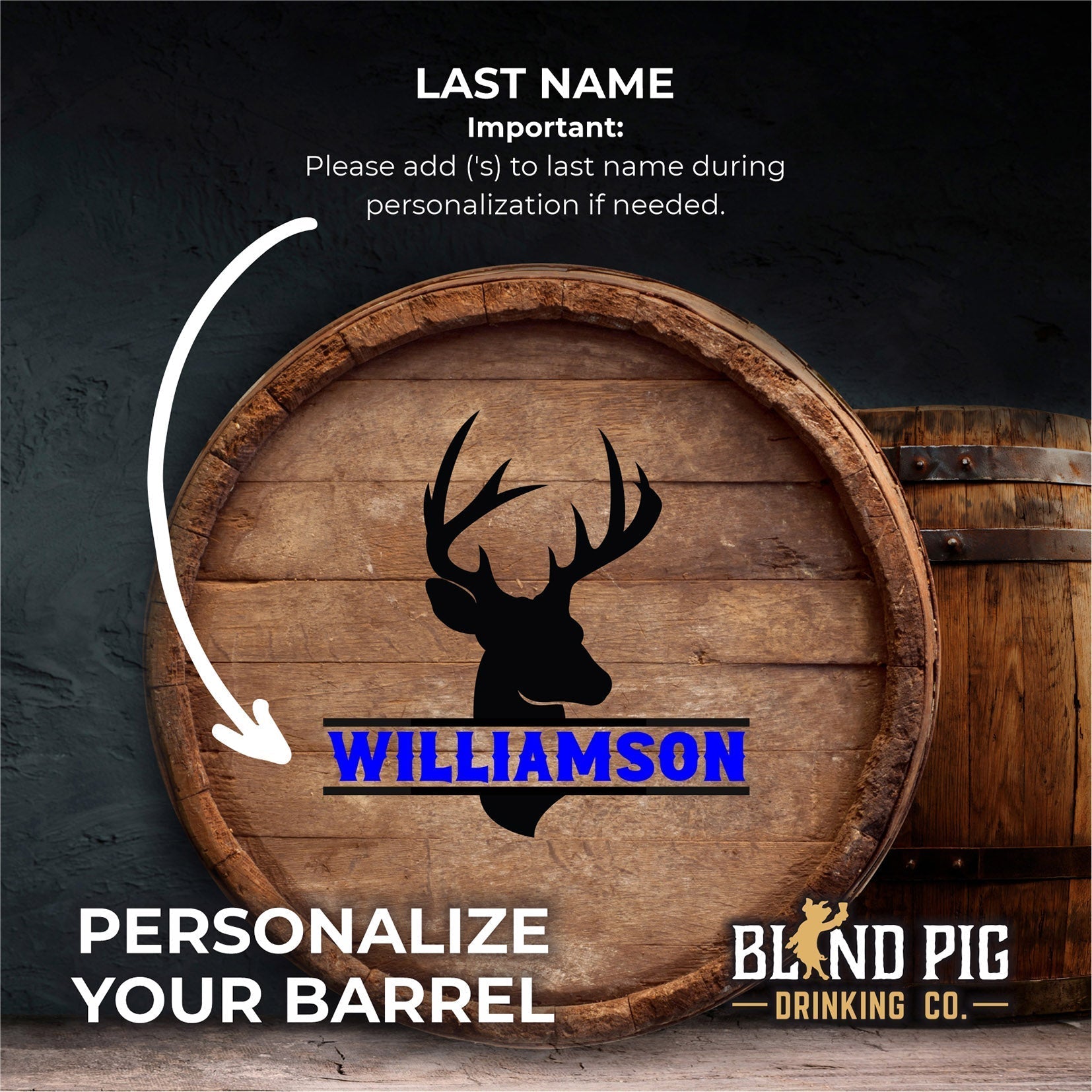 Personalized Small Oak Barrel for Aging Cocktails - Deer Head - Blind Pig Drinking Co.