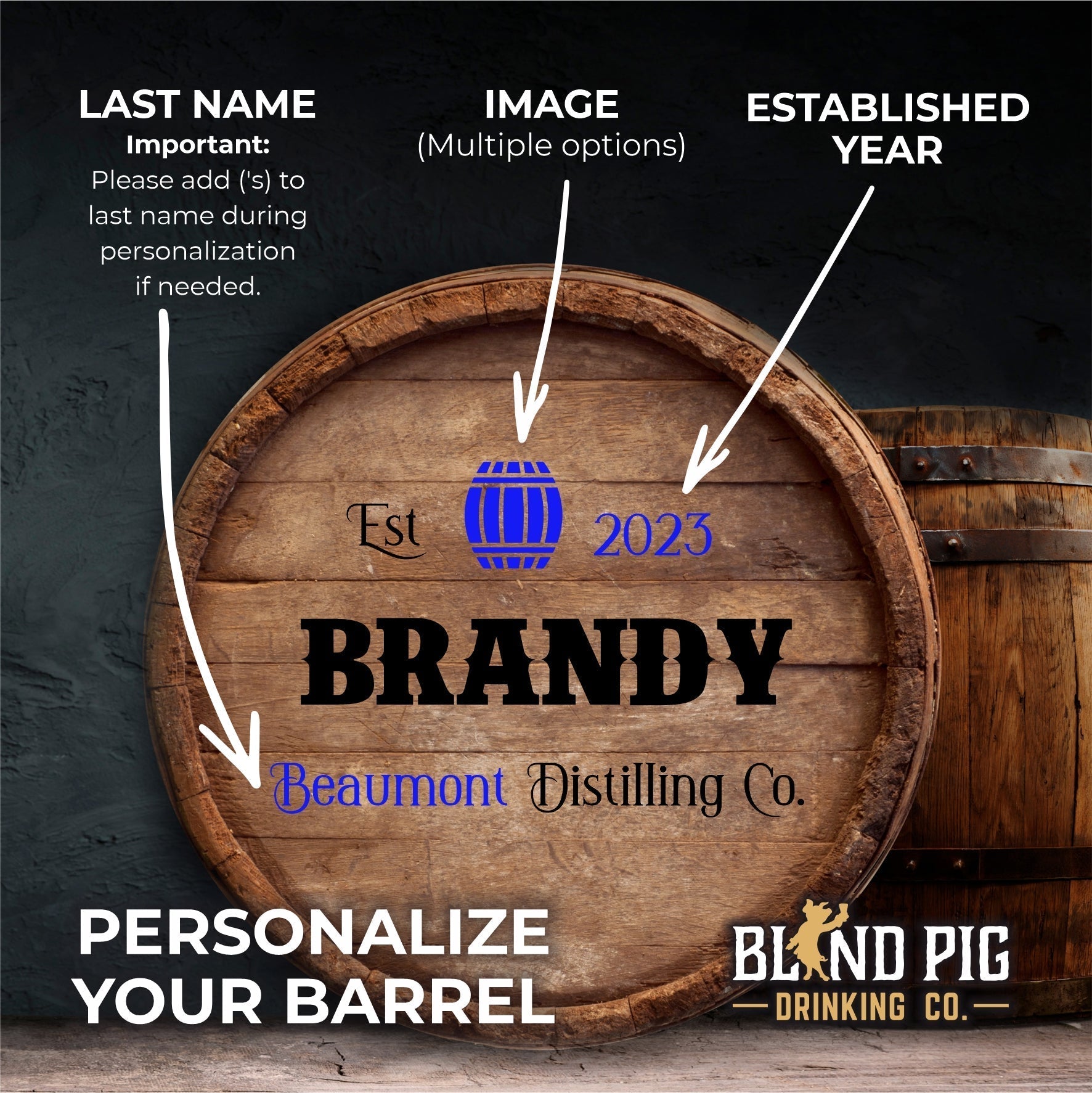 Personalized Small Oak Brandy Barrel for Aging Cocktails - Blind Pig Drinking Co.